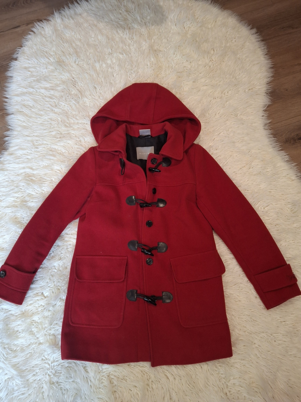 Women's Red Hooded Toggle Pea Coat